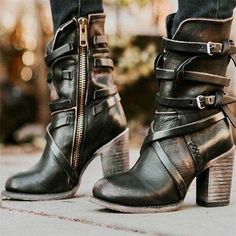 Category:Boots; Upper Materials:PU Leather,PU; Embellishment:Lace-up; Season:Fall,Winter; Heel Type:Chunky Heel,High Heel; Gender:Women's; Toe Shape:Round Toe; Type:Booties Ankle Boots; Style:Vintage,Casual,Industrial Style; Heel Height(inch):2-3; Outsole Materials:Rubber,Non-Slip Tread; Occasion:Daily,Outdoor; Closure Type:Zipper; Listing Date:09/27/2022; Production mode:External procurement; 2024 Trends:Slouchy Boots,Plus Size,Heel Boots,Booties Ankle Boots; Foot Length:; Foot Width:; Size cha Womens Black Booties, Popular Boots, Lace Up High Heels, Winter Ankle Boots, Liberia, Vintage Boots, Leather Boots Women, Buckle Boots, Martin Boots