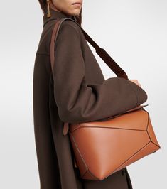 Puzzle Edge Leather Shoulder Bag in Brown - Loewe | Mytheresa Loewe Puzzle Bag, Loewe Puzzle, Puzzle Bag, Loewe Bag, Fancy Bags, Dark Khaki, Brown Bags, Medium Bags, Fun Bags