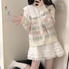 Kawaii Sweater Cardigan with Oversized Lace Collar, cute bow and flowers knit print, pearl buttons ONE SIZE Bust 110cm Length 54cm Cute Oversized Sweater Outfits, Light Clothes Aesthetic, Cardigans Aesthetic, Shojo Outfits, Shoujo Outfits, Kawaii Cardigan, Kawaii Sweater, Deer Doll, Pretty Sweaters