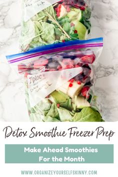 Detox Smoothie Freezer Prep: Simplify your mornings with our detox smoothie freezer prep! These high-fiber, fruit and veggie-packed smoothies are perfect for weight loss and clear skin. Prepare for the month and enjoy a healthy, hydrating smoothie that's part of your weekly weight loss meal plan. Green Smoothie Freezer Packs, Quick Breakfast Smoothies, Smoothie Bags, Make Ahead Smoothies, Freezer Smoothie Packs, Freezer Smoothies, Freezer Packs, Resep Smoothie, Freezer Recipes