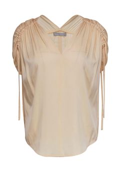 Current Boutique-Vince - Cream Ruched-Sleeve Silk Blouse Sz S Chic Summer Top With Gathered Neckline, Chic Summer Blouse With Gathered Neckline, Sleeveless Top With Gathered Neckline For Spring, Casual Tops With Elastic Shoulders For Work, Casual Solid Tops With Ruched Sides, Spring Blouse For Workwear With Elastic Shoulders, Spring Workwear Blouse With Elastic Shoulders, Casual V-neck Top With Gathered Neckline, Elegant Sleeveless Top With Ruched Sides