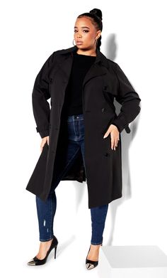 Exude elevated edge in our Utility Trench Coat! Styled with a high collar, a matching waist tie belt and a double breasted front opening, this coat is not only on-trend, but perfectly insulated, too! Key Features Include: - High collar with hook and eye neck detail - Double breasted front opening - Matching waist tie belt - Full length sleeve with button detail - Side pockets - Fully lined - Longline length - Soft lightweight fabrication Amp up this coat by pairing it with a pair of ripped skinn Summer Coats, Wool Winter Coat, Black Playsuit, Street Style Edgy, Stylish Coat, Plus Size Outerwear, Plus Size Coats, Trench Jacket, Winter Coats Women