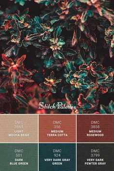 the color scheme for this image shows different shades of green, brown and red flowers