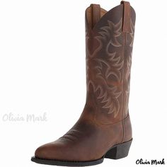 Olivia Mark - Ao Fu Leather Embroidered High Heel Boot with Wooden Shaft - Elegant Western Cowboy Boot for Winter High Heel Cowboy Boots, Brown Casual Boots, Shaft Boots, Boots For Winter, Elegant Heels, Chelsea Ankle Boots, Wood Heel, Pointed Heels, Cowboy Style