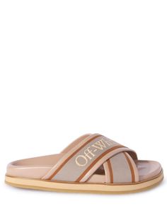 beige/camel brown/salmon pink leather grosgrain trim embroidered logo open toe front criss-cross straps rubber sole White Flip Flops, Off White Shoes, Ballet Pumps, Loafer Mules, Boot Pumps, Salmon Pink, Summer Beach Wear, Leather Slides, Pump Sandals