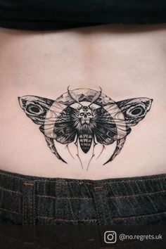 Black and grey, illustrative, death moth tattoo with crescent moon and skull in the centre. Placed in the bottom centre of a woman's back. Deathmoth Tattoo, Bristol Tattoo, Watch Tattoo Design, Cream Tattoo, Feminine Tattoo Sleeves, Grunge Tattoo, Wicked Tattoos