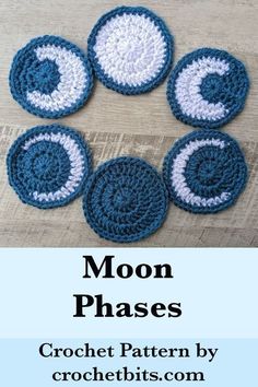 four crocheted coasters with the words moon phases written in white and blue