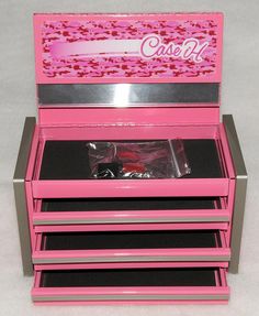 CASE IH ~ Bubble Gum PINK - Metal Mini Micro TOOL BOX / Jewelry Box *NEW & RARE! *HARD to FIND! PLEASE CHECK OUT this ADORABLE little TREASURE!!! I am serious, I searched the internet looking for others like it, and specifically by this name brand, and I came up EMPTY! Perhaps it was even made as a Limited Edition, or even ONE of A KIND! In any case, you will not find another one. This micro mini tool box measures at 8 1/2" x 4 3/4" x 4 3/4". The top piece flips up, as you see in my photos, and that reveals the top drawer, and the other 3 pull drawers. It is made of metal, and is BRAND NEW in the BOX. The box it came in is a regular cardboard box, and had the information on the outside, that shows the part # and name brand. Although this is a micro tool box, and meant for a female, I think Pink Tool Box, Pink Tools, Soap Shop, Bubble Gum Pink, Cute Bedroom Decor, Case Ih, Room Design Bedroom, Design Bedroom, Micro Mini