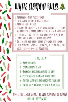 a list for white elephant rules with red and green confetti