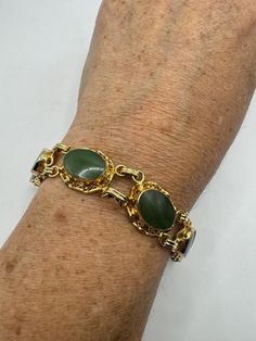 Vintage green jade bracelet 12k gold filled   all hand carved  7.5 inches My jeweler can shorten this for a $20 fee  All jewelry is shipped free in the US in a nice gift box.   Check out our over a THOUSAND great reviews Engraving is $4 per letter and is not always perfect depending on the piece. It can take a few days if the jeweler is busy. This is payable to Paypal Judithsltd@gmail.com Green Jade Bracelet, Armband Gold, Jade Bracelet, Green Jade, Bracelet Gold, Jade Green, Gmail Com, Chain Link Bracelet, Link Bracelets