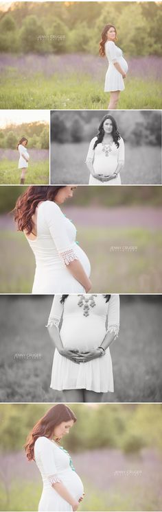 pregnant woman in white dress holding her belly and posing for the camera with flowers on it