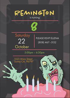 a birthday party flyer with an image of a zombie on the cake and candles in front of it