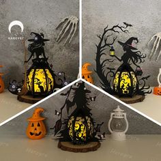 three different views of halloween lanterns with witches and pumpkins on them, one in front of the other