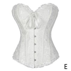 Brocade Sweetheart Corset A sexy and versatile bustier corset top in elegant patterned satin with a ribboned bow at the front and a laced-up back panel. Experiment with wearing alone or layering as part of an outift. An essential basic for your Gothic wardrobe.. Material: Linen. White Fitted Corset With Lace-up Back, Feminine Wedding Corset With Built-in Bra, Feminine Underbust Corset With Built-in Bra, Feminine Strapless Corset With Lace Trim, Strapless Feminine Corset With Lace Trim, Feminine Strapless Lace Corset, Strapless Lace Corset In Feminine Style, Elegant Summer Lace Corset, Feminine Lace Corset With Corset Back