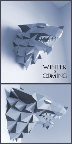 two different images of an animal made out of folded origami pieces, each with the words winter is coming on it