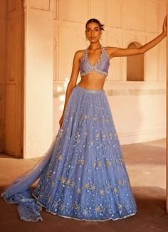 Powder Blue Applique Embellished Net Lehenga Set With Silk Halter Blouse Prevasu - Fabilicious Fashion Halter Neck Lengha, Halter Lengha Blouse, Aza Fashions Lehenga, Sangeet Ghagra, Halter V Neck Blouse, Halter Neck Lengha Blouse, Halterneck Saree Blouse, Bridal Sangeet Lehenga, Halter Neck Lehenga Blouse