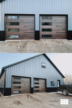 two garages side by side with the doors open and one has a truck parked in front of them