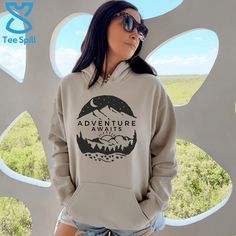 "This Adventure Awaits graphic Hoodie/Sweatshirt is the most thoughtful way to show your appreciation for your hiker friends or family members birthday or Christmas Gift. How To Order 1. Kindly check and review all photos for your reference. 2. Choose your Hoodie/Sweatshirt size. 3. Choose your Hoodie/Sweatshirt color 4. Click add to cart when done. 5. If you need more than 1 item, please go back and add more. 6. Click \"Proceed to check out\". 7. If you have any questions please contact us. 8. Sporty Sweatshirt With Graphic Print For Outdoors, Sporty Sweatshirt With Graphic Print For Outdoor Activities, Sporty Hoodie With Letter Print For Outdoors, Sporty Graphic Print Sweatshirt For Outdoor, Letter Print Hoodie Sweatshirt For Outdoor Activities, Outdoor Letter Print Hoodie Sweatshirt, Outdoor Hooded Sweatshirt With Letter Print, Graphic Print Hooded Hoodie For Outdoor Activities, Graphic Print Hoodie For Outdoor Activities