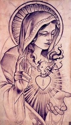 a drawing of the virgin mary holding a baby jesus in her arms, with an ornate heart