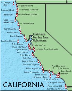 a map of the california coastline with all major cities and towns on it's sides