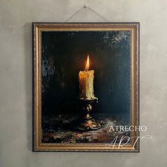 a painting with a lit candle hanging on the wall