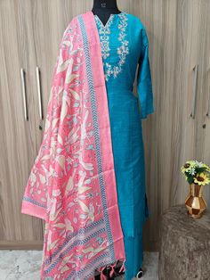 Indian Wedding Wear Salwar Kameez / Indian Ethnic Dress / Plus Size Silk Kurta Dress Traditional Indian Wear / Salwar Kameez Dupatta / Kurti Palazzo Set / Party Wear/ Silk Kurta Set Product Details Turquoise Blue & Pink embroidered Kurta with Trousers with dupatta    *Kurta design:  Floral Embroidered *Straight Shape *Regular Style * 3/4 Sleeves * Calf length straight hem * Silk Blend weave fabric Trousers design: * Solid Trousers *Elasticated waistband *Slip-on closure Material & Care Kurta  fa Blue Bohemian Chanderi Palazzo Set, Designer Blue Sharara For Spring, Blue Bohemian Style Designer Wear Dupatta, Spring Blue Chanderi Palazzo Set, Blue Bohemian Designer Wear Dupatta, Blue Sharara For Spring, Spring Wedding Palazzo Set With Dori Work, Spring Embroidered Blue Anarkali Set, Unstitched Bohemian Blue Salwar Kameez