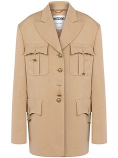 sand beige cotton-wool blend gold-tone hardware peak lapels front button fastening two chest flap pockets front flap pockets long sleeves straight hem Khaki Blazer With Patch Pockets And Lapel Collar, Khaki Wool Coat With Pockets For Work, Chic Beige Blazer With Flap Pockets, Luxury Beige Single Breasted Outerwear, Luxury Beige Single-breasted Outerwear, Beige Blazer With Flap Pockets For Fall, Beige Designer Outerwear With Lapel Collar, Classic Khaki Blazer With Flap Pockets, Beige Workwear Outerwear With Flap Pockets