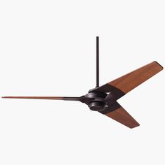 a ceiling fan with two wooden blades