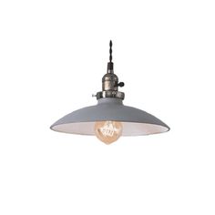 an industrial style light fixture with a white and grey shade