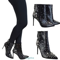 New Steve Madden Viceroy Studded Gems Pointed Toe Stiletto Heel Boots Black Scattered Rhinestones Keep Their Sparkle Among Untamed Spiky Hardware On A Rebellious Bootie Perched Atop A Dangerously Chic Stiletto Heel. Synthetic/Faux Leather Upper Fabric And Synthetic Lining Synthetic Outsole Cushioned Footbed Pointed Toe Stiletto Heel Metal Studs And Gems Details Zipper Closure Snake Print Color Black/Silver Note: Picture Shows The Outsole Size 8, The Size 8 Has Some Wrinkles Please See Last Pictu Studded Heels For Winter, Winter Studded Heels, Embellished Pointed Toe Winter Heels, Studded Fitted Heels For Fall, Winter Party Boots With Spikes, Party Ankle Boots With Silver Studs, Fall Heels With Silver Studs, Fall Spiked Fitted Heels, Edgy Winter Party Heels