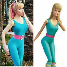 two photos of barbie dolls one in blue and the other in pink