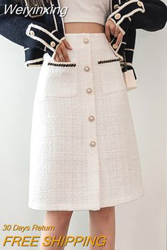 Elegant Winter Skirt With Buttons, Elegant Winter Skirt With Button Closure, Winter Knee-length Skirt With Button Closure, Knee-length Button Skirt For Winter, White Midi Length Skirt With Pockets, Knee-length Winter Skirt With Buttons, Knee-length Skirt With Buttons For Winter, Chic White Winter Skirt, Winter White Chic Skirt