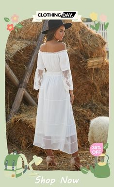 Chic Off Shoulder Embroidered Flared Sleeve White Lace Maxi Dress White Lace Maxi Dress, White Lace Maxi, Bohemian Style Clothing, White Fashion Casual, Dress Sleeve Length, Unique Embroidery, White Off Shoulder, Maxi Dress Online, Lace Maxi