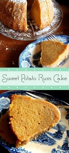 two pictures of cake on plates with the words sweet potato run cake in front of them