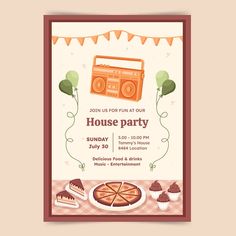 a house party flyer with an orange boombox and cupcakes on the table