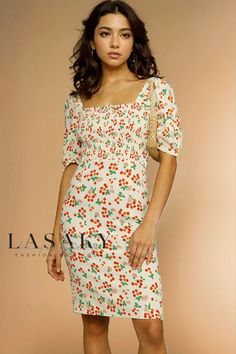 Lasaky - Vintage French Print Puff Sleeve Midi Dress French Dresses, Vintage Cherry, Printed Summer Dresses, Printed Dresses, Dresses To Wear, Vestidos Vintage, Cherry Print, Midi Dress Summer, Vintage Style Dresses