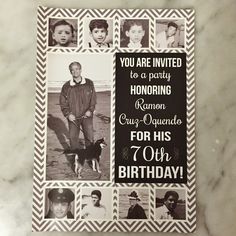 a birthday card with photos of people and a dog on the front in black and white