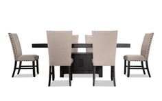 a dining room table and chairs with beige upholstered backrests on an isolated white background