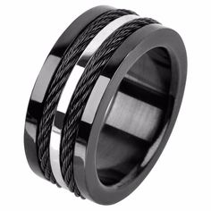 Stainless Steel Solid Carbon Cable Inlay Ring-9.52mm Stainless Steel Rings Men, Rings Men, Black Wedding Band, Stainless Steel Cable, Steel Art, Black Polish, Toggle Bracelet, Handcrafted Rings, Men's Rings