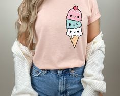 Ice Cream Shirt, Kawaii Ice Cream T-Shirt, Ice Cream Lovers T-Shirt, Ice Cream Tees, Ice Cream Lover, Summer Shirt, Cute Ice Cream Shirt Thank you so much for choosing us! How To Order 1️⃣ Please review all the information provided before placing an order. 2️⃣ Select the shirt type and size using the drop down menu. 3️⃣ Select the color of the shirt using the following drop down menu. 4️⃣ Once all your desired items are in your cart you may complete your order by entering your payment method, de Kawaii Long Sleeve T-shirt For Summer, Kawaii Long Sleeve Summer T-shirt, Pink Crew Neck T-shirt With Cute Design, Casual Spring T-shirt With Cute Design, Kawaii Cotton T-shirt With Crew Neck, Kawaii Short Sleeve Tops With Letter Print, Cute Cartoon Print Crew Neck T-shirt, Kawaii Cotton T-shirt With Cartoon Print, Kawaii Crew Neck Top With Letter Print