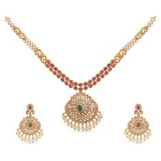 PRICES MAY VARY. MATERIAL: Latika jewelry set is made out of Brass with high quality Gold-Plating. This Floral theme piece is studded with opulent white red green cubic zirconia stones and induced pearls. FEATURE: This traditional jewelry set includes 1 pair dangle earrings and 1 short necklace, length (Necklace 14 cm, Earrings 5 cm) and weight (Necklace 28 gm, Earrings 16 gm). The necklaces comes with Fishhook closure and has adjustable length. GIFTING: This necklace set arrives in unique and s South Indian Necklace, Traditional Indian Jewellery, Indian Necklace, Indian Jewelry Sets, Length Necklace, Green Beads, Floral Theme, Gifts For Your Girlfriend, Simple White