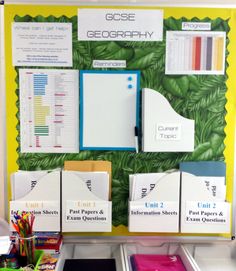 a bulletin board with papers and folders on it