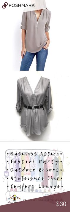 Elegant v neck slight sheer grey zipper roll up sl ▫️Elegant slight sheer grey zipper blouse ▫️Occasions: vacation, lounge, casual, business, career, office, work, spring, summer, fall, winter! ▫️Partial tuck in for a different stylish look ▫️Pair with a belt, skinny bottoms & flats or heels! ▫️Approx:   • Length 27“  • Bust 34“  • Sleeve 22“ ▫️Brand new pre-packaged! ▫️Shop the belt in my boutique section ✨    ♡ Thanks for visiting!  👁 Offer：⚡️Shipping!  ☆「FIVE 🔴 items / $25」 ☆「20% OFF Outfit Elegant Spring Tops With Zipper Closure, V-neck Tops With Zipper Closure For Spring, Spring V-neck Tops With Zipper Closure, Outfit Bundles, Pu Skirt, Zipper Blouse, Faux Leather Pencil Skirt, Wrap Skort, Gingham Pants