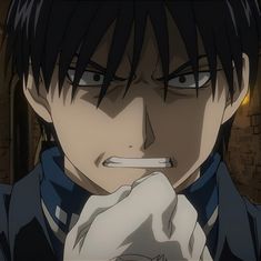 an anime character with black hair and blue eyes is holding his finger to his mouth