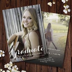 the graduation announcement card is shown with flowers