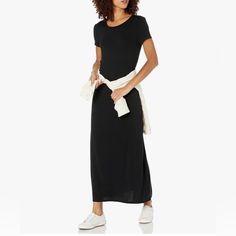 Relaxed Super Soft & Stretchy New Spring Fitted Crew Neck Maxi Dress, Casual Crew Neck Maxi Dress For Spring, Casual Crew Neck Midi Dress For Daywear, Casual Fitted Maxi Dress For Daywear, Fitted Casual Maxi Dress For Daywear, Casual Black Midi Dress For Daywear, Casual Short Sleeve Black Midi Dress, Casual Fitted Black Maxi Dress, Chic Black Crew Neck Midi Dress