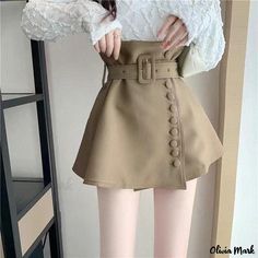 Olivia Mark - Single-Breasted High-Waisted A-Line Skirt with Waist-Cinching Design High Waist Khaki Skirt For Fall, Fall High-waist Khaki Skirt, Fall High Waist Khaki Skirt, Belted Brown Skirt, High Waist Belted Beige Skirt, Belted High Waist Beige Skirt, High Waist Solid Beige Skirt, Solid Skirt With Waistband For Spring, Casual Solid Color Belted Skirt