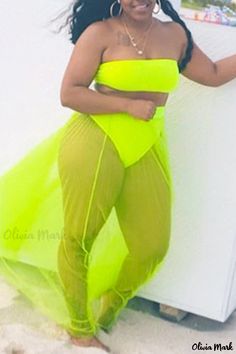 Olivia Mark - Fluorescent Green Solid Patchwork Two-Piece Set with Strapless and Backless Design for Plus Size Women Green Mesh Bottoms For Summer, Summer Green Mesh Bottoms, Green Swimwear For Club, Spring Season, Neon Bottoms For Summer Party, Bandeau Crop Top, Sleeveless Suit, Plus Size Two Piece, Plus Size Swimwear, Green Fashion