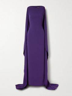 Solace London's 'Kaila' gown is designed in a deep purple shade inspired by amethyst stones - complement it with a pair of matching earrings. Cut from smooth crepe, it has a slim fit with an elegant, high neckline and dramatic cape-effect back. Temper the floor-pooling hem with heeled sandals. Dark Purple Evening Gown, Luxury Purple Evening Dress For Wedding, Elegant Purple Evening Gown, Luxury Purple Wedding Evening Dress, Luxury Purple Gown For Gala, Luxury Purple Floor-length Gown, Luxury Fitted Purple Gown, Luxury Purple Formal Gown, Luxury Purple Gown