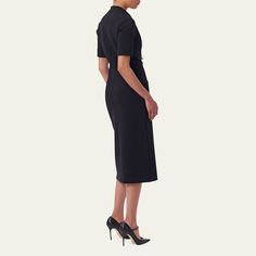 Carolina Herrera knit dress Notch lapels; double-breasted  Short sleeves Front patch pockets Sheath silhouette Midi length Hem falls below the knee Virgin wool/polyurethane/nylon/polyamide Made in Italy Fitted Collared Midi Dress For Business, Tailored Knee-length Dress With Hidden Button Closure, Fitted Dresses With Lapel Collar For Work, Sleek Collared Dress For Work, Fitted Collared Business Dress, Office Midi Dress With Pockets, Fitted Collared Dress For Business, V-neck Midi Dress With Pockets For Work, Knee-length Evening Dress With Hidden Button Closure